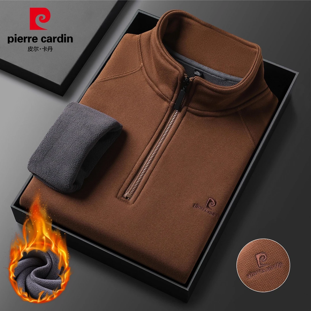 皮尔卡丹男士半拉链立领卫衣秋冬新款加绒加厚休闲打底上衣男装