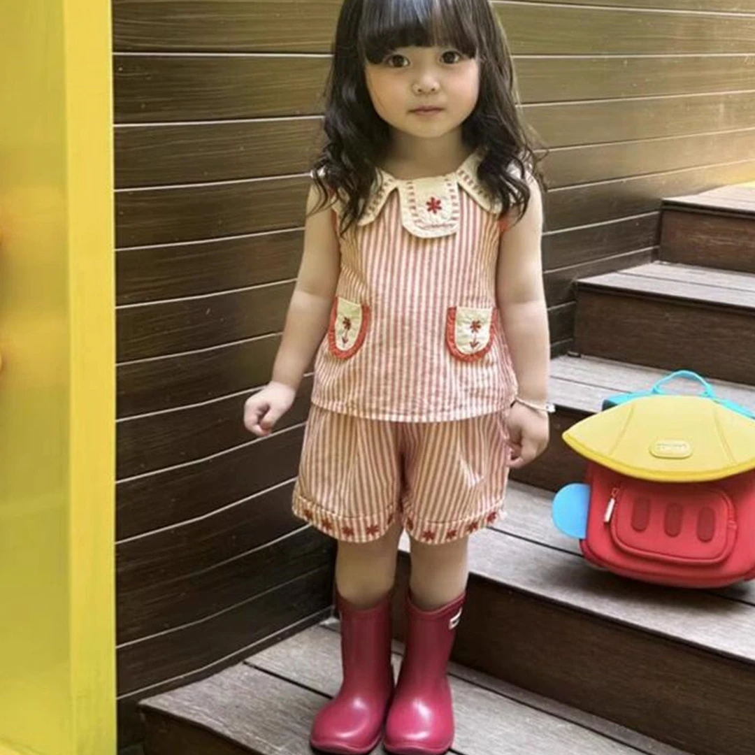 女童夏季新款背心套装女宝时尚条纹花瓣领无袖娃娃衫短裤两件套潮