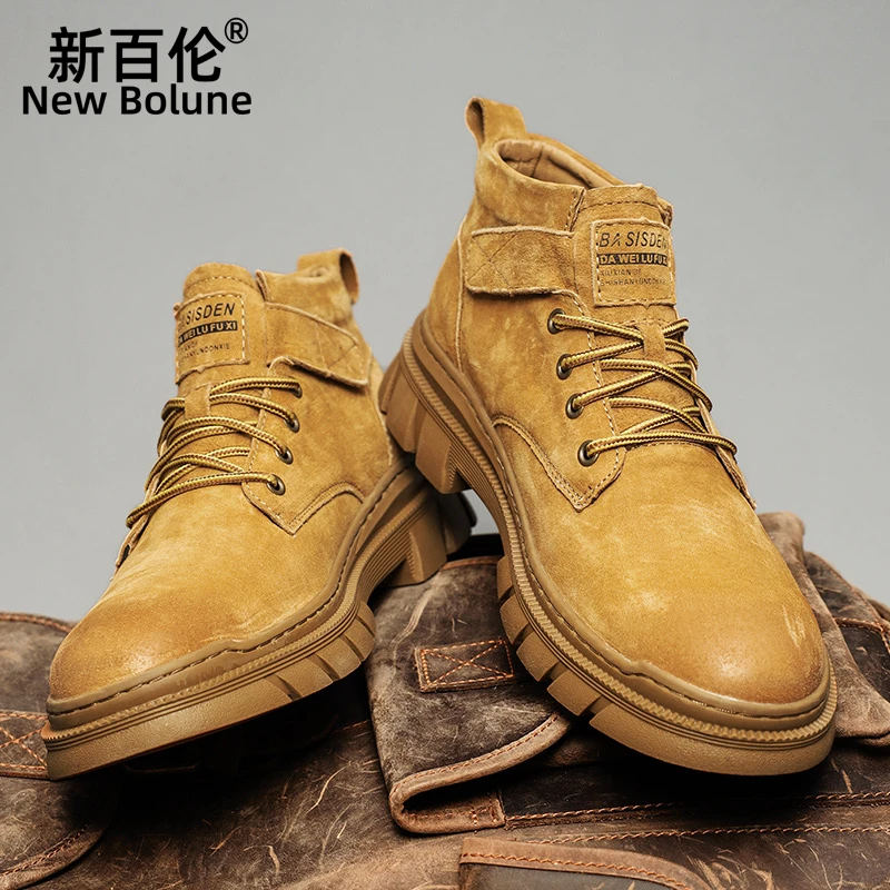 新百伦工装靴男鞋秋冬新款户外大黄靴真皮男士马丁靴中帮登山靴子
