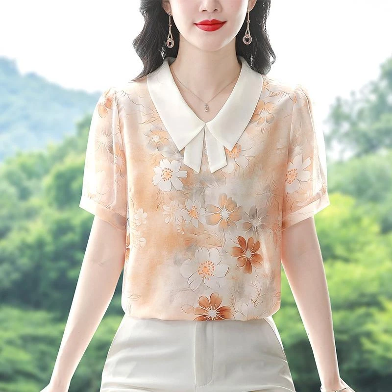 妈妈减龄碎花短袖雪纺衫女夏季新款夏装时尚小衫高贵衬衫上衣