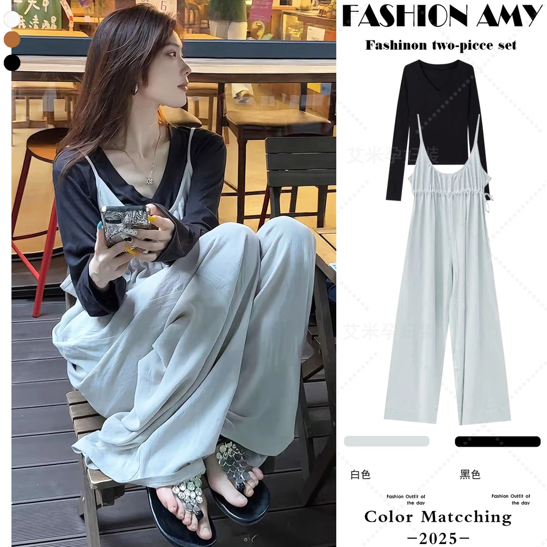 孕妇背带裤套装秋装新款时尚韩版显瘦V领长袖T恤休闲阔腿连体裤子