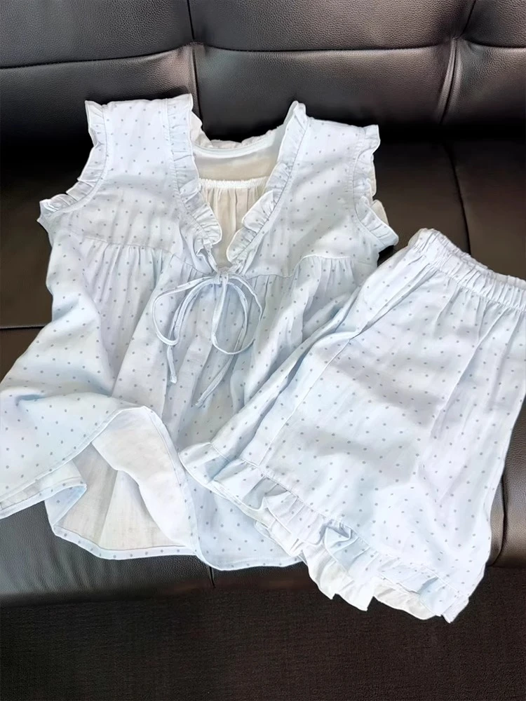 【DMXJ大梦想家】甜美清新蓝色波点木耳边睡衣女夏季小个子短裤套装
