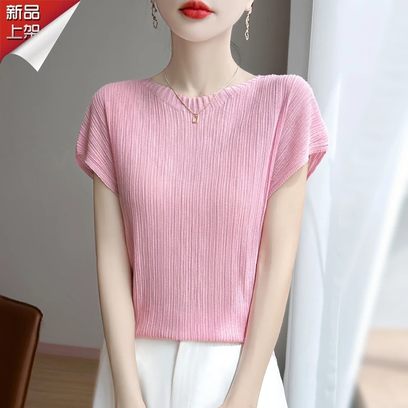 品牌捡漏2025夏季新款竖条纹薄款飞飞袖上衣女圆领显瘦气质打底衫