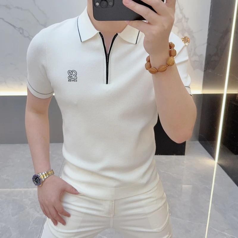 欧洲站男士早秋季爆款轻奢高品质针织个性翻领polo短袖9520