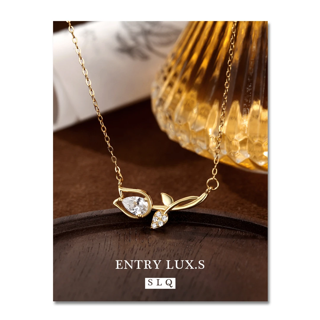 吊坠925银合成锆石 玫瑰花s925银项链温柔金色轻奢锁骨链女项链