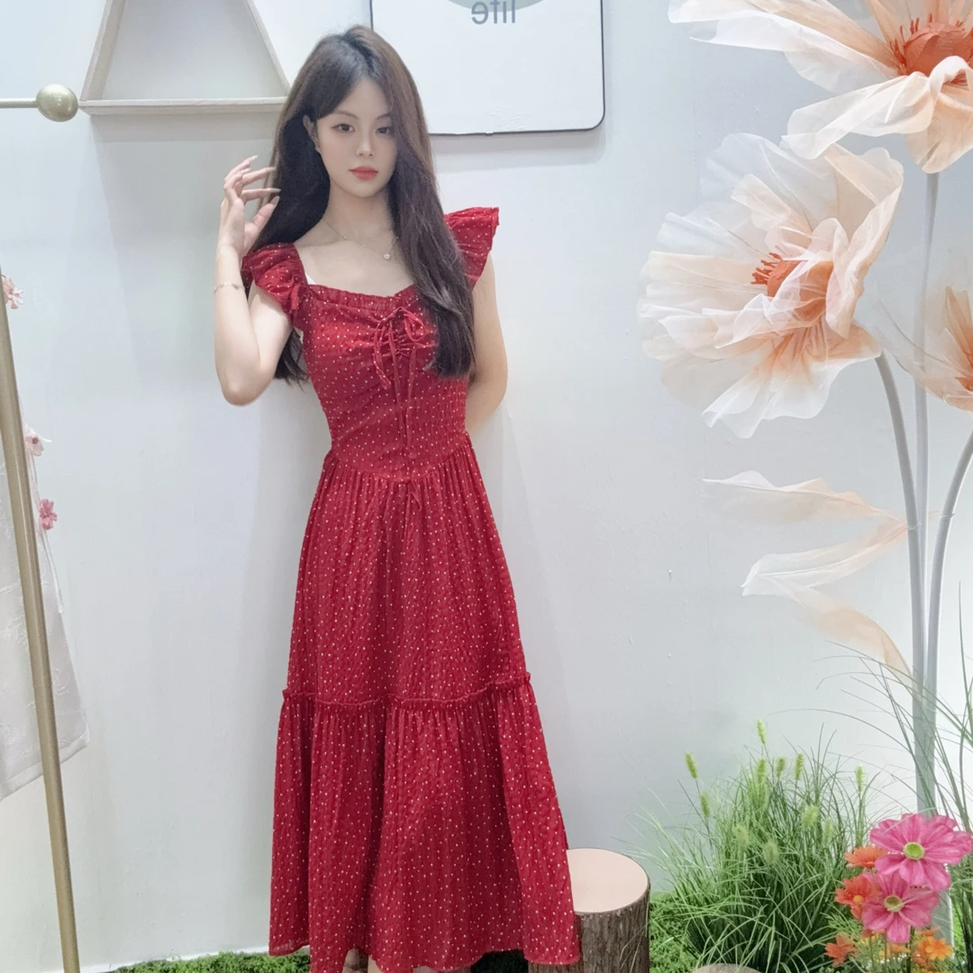 【夏季新款】法式小飞袖红色波点露背连衣裙显瘦温柔百搭
