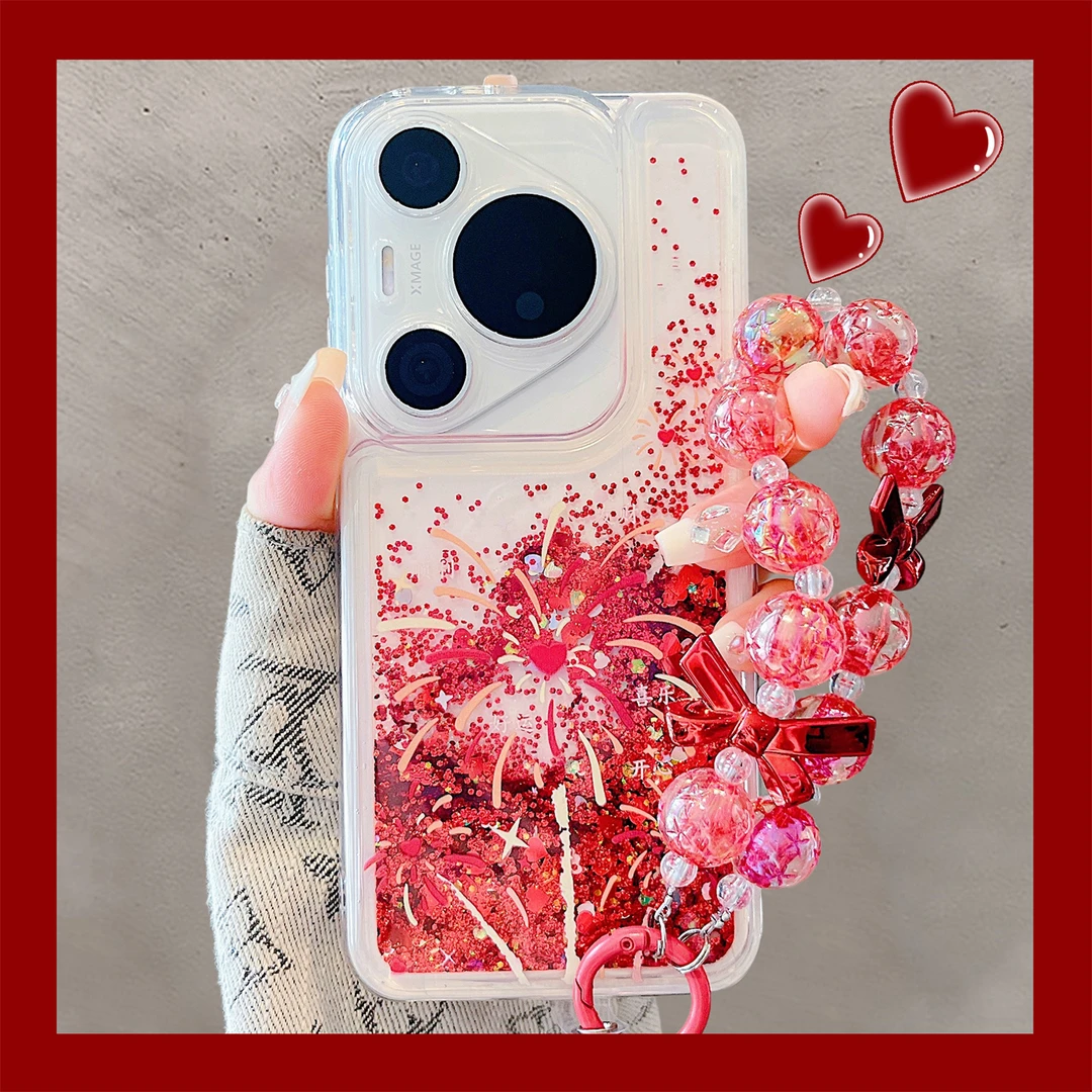 适用华为pura70pro+手机壳红色流沙烟花带链条mate70pro+透明全包