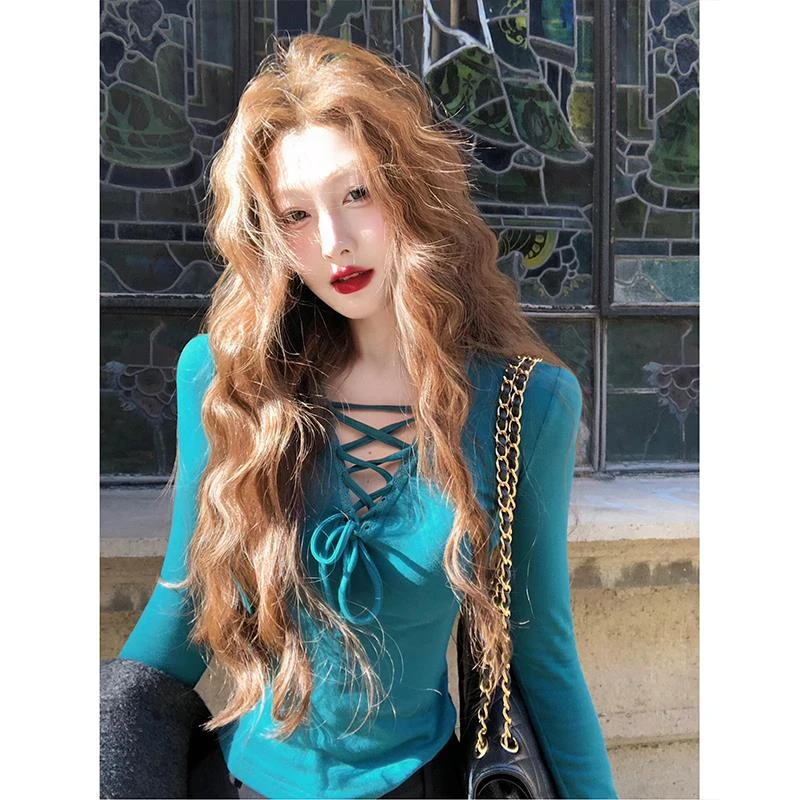 湖蓝色V领德绒长袖T恤女春秋冬独特超好看短款修身内搭打底衫上衣