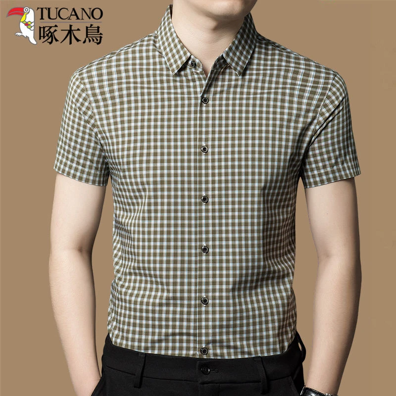 啄木鸟夏季薄款短袖衬衫男中青年新款休闲格子时尚百搭高档衬衣