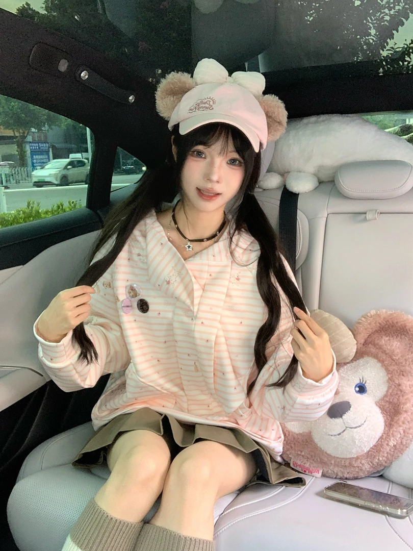 秋季新款美式条纹绑带小狗连帽卫衣女奶呼呼可爱韩系慵懒风帽衫潮