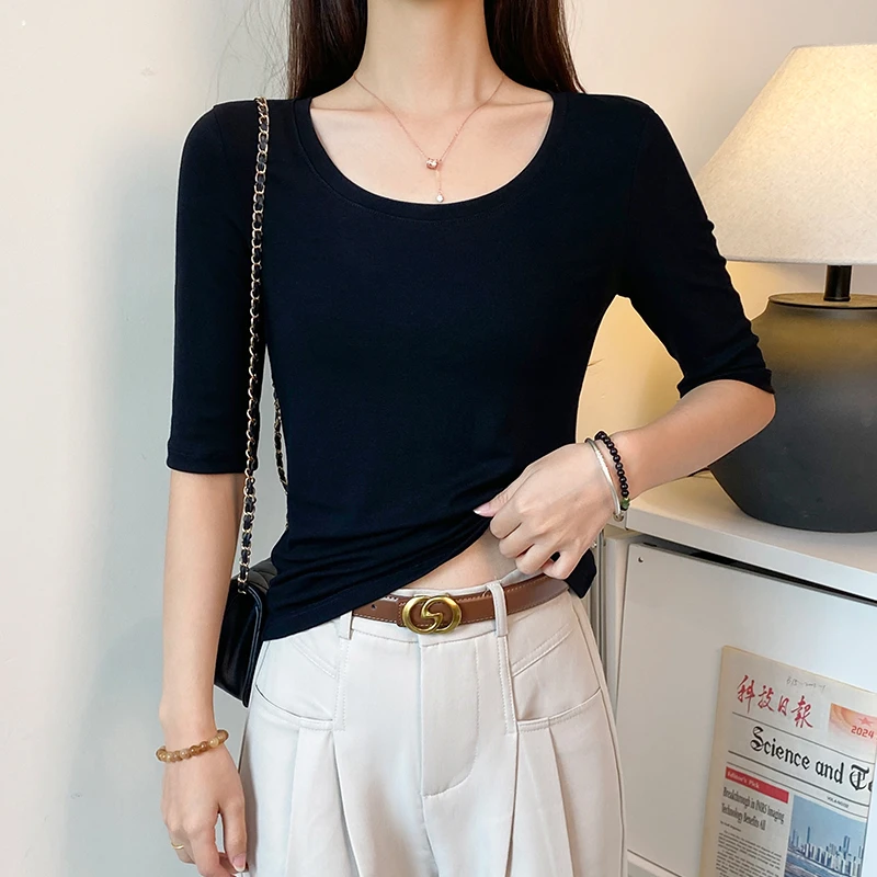 黑色圆领中袖t恤女2025春秋修身半袖打底衫内搭五分袖低领上衣潮