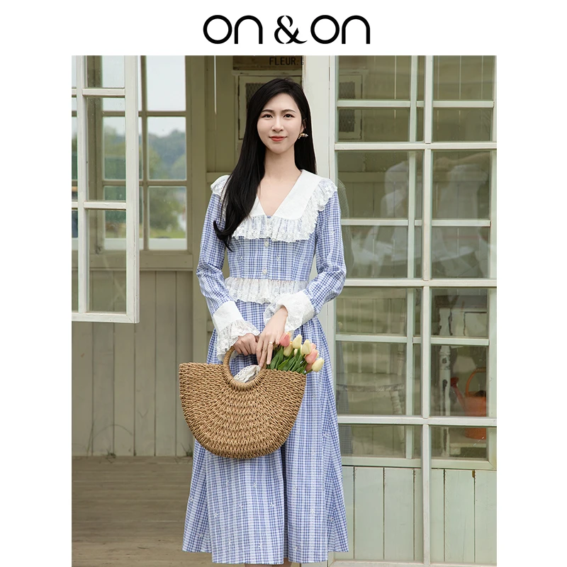 ON&ON/安乃安早春流光风棉海军领减龄气质立体格纹套装N5SA70125