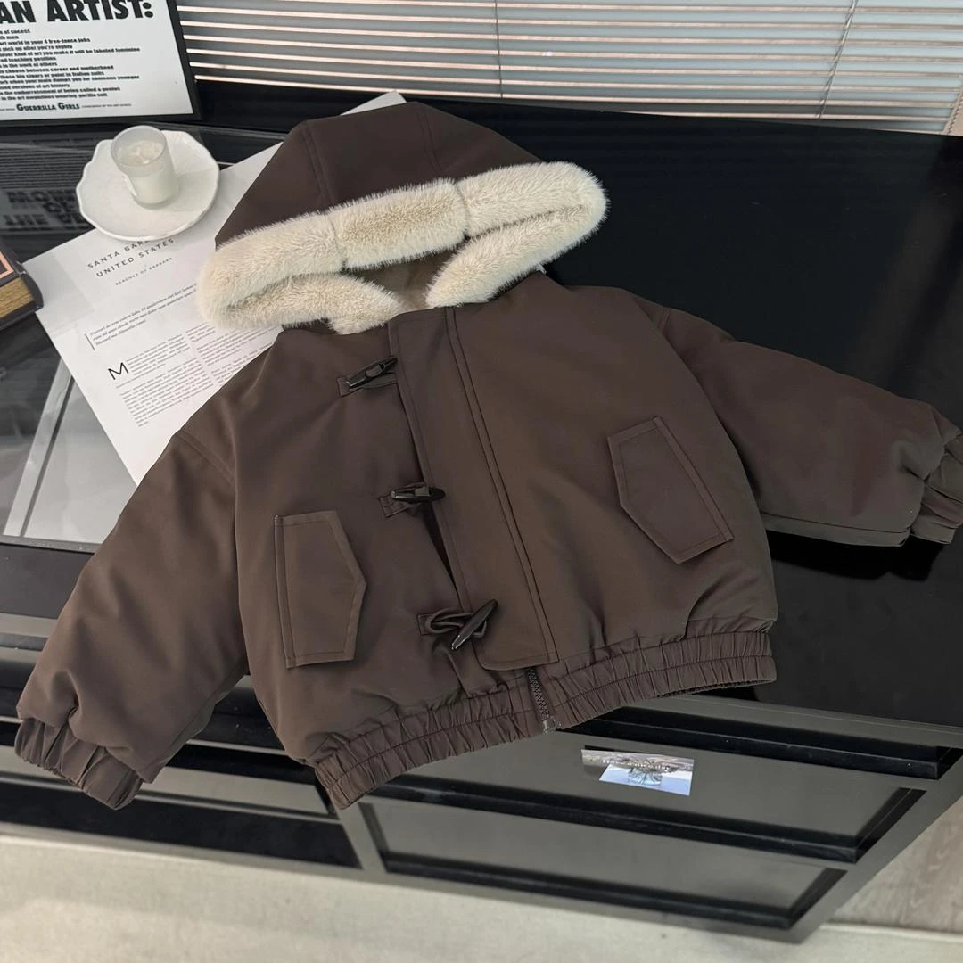 童装男女童皮毛一体连帽加绒外套2025新款仿貂毛领冬季保暖夹克潮