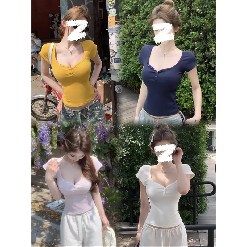 Moses Queen/魔西女王纯欲桃心领正肩短袖T恤V领辣妹修身时尚上衣