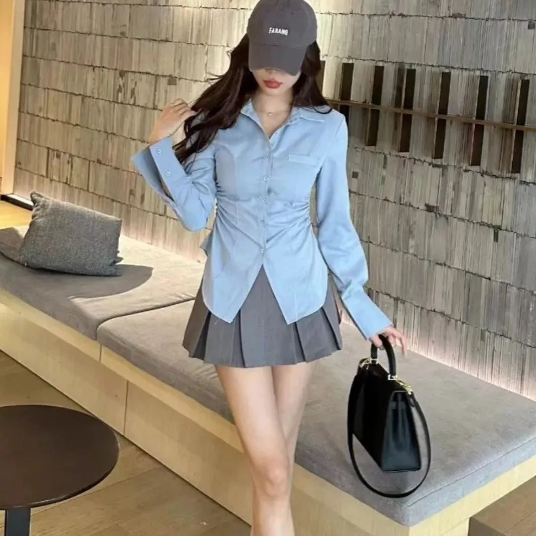 田姜女 2024春秋气质收腰褶皱衬衫+减龄百褶裙时尚网红短裙两件套