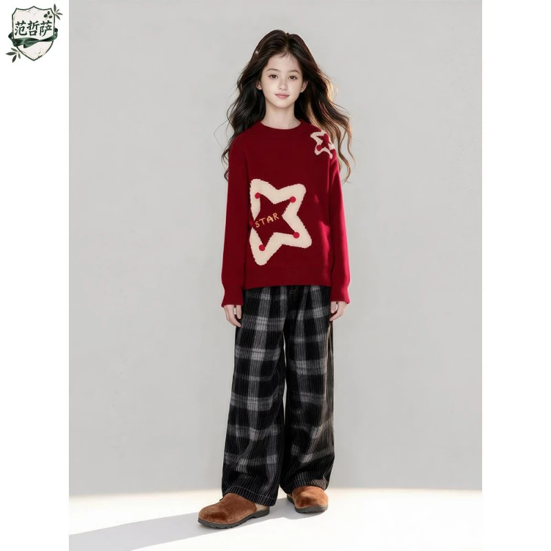 女童毛衣2025冬装韩系新款红色时尚洋气星星印花拜年服冬季上衣潮