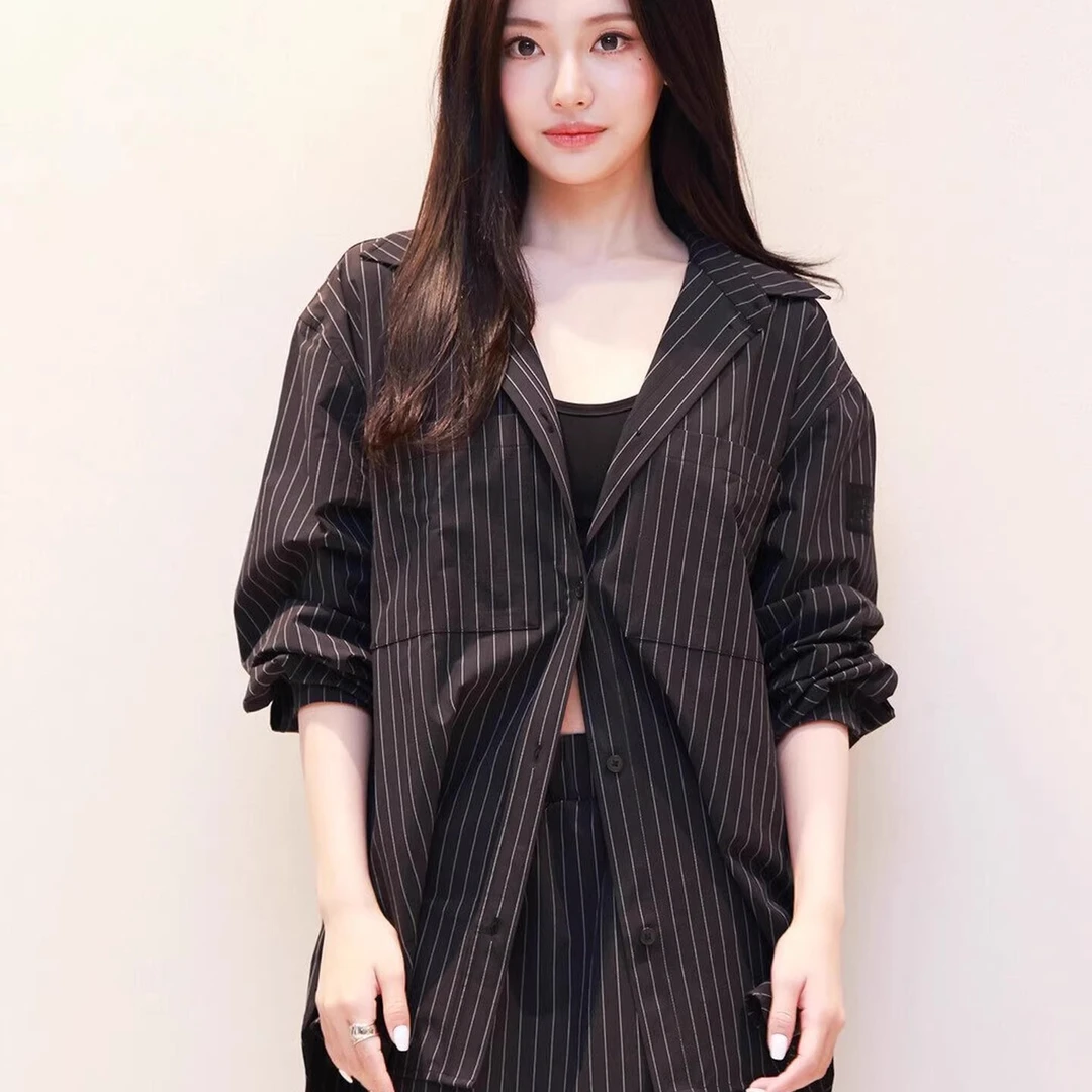 宁艺卓黑色条纹衬衫女长袖衬衣韩系休闲宽松显瘦短裤套装两件套夏