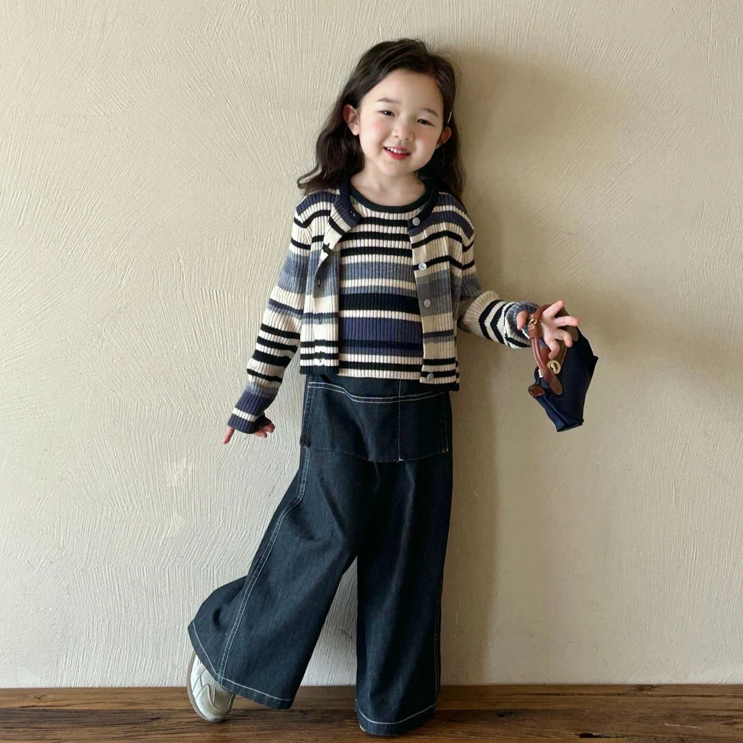 「条纹叠穿密码 」条纹开衫+背心两件套 屁帘牛仔裤