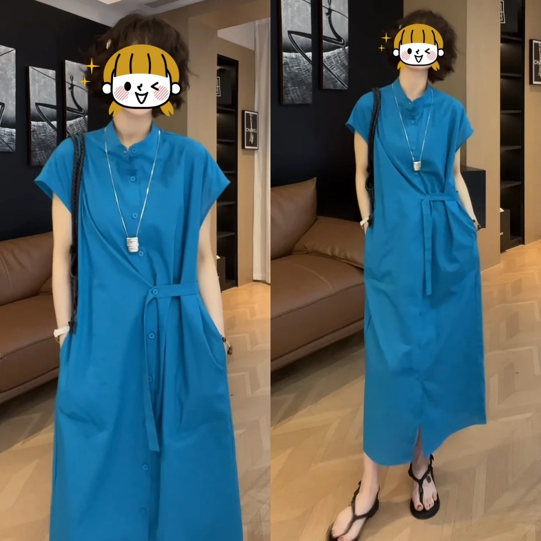 时尚短袖连衣裙夏季新款设计感宽松显瘦单排扣中长款纯色休闲裙子