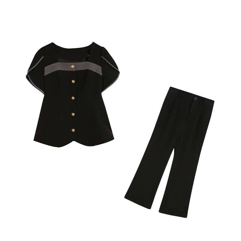 黑色夏季气质轻奢两件套套装显瘦阔腿上衣拼接女装女套装网红休闲
