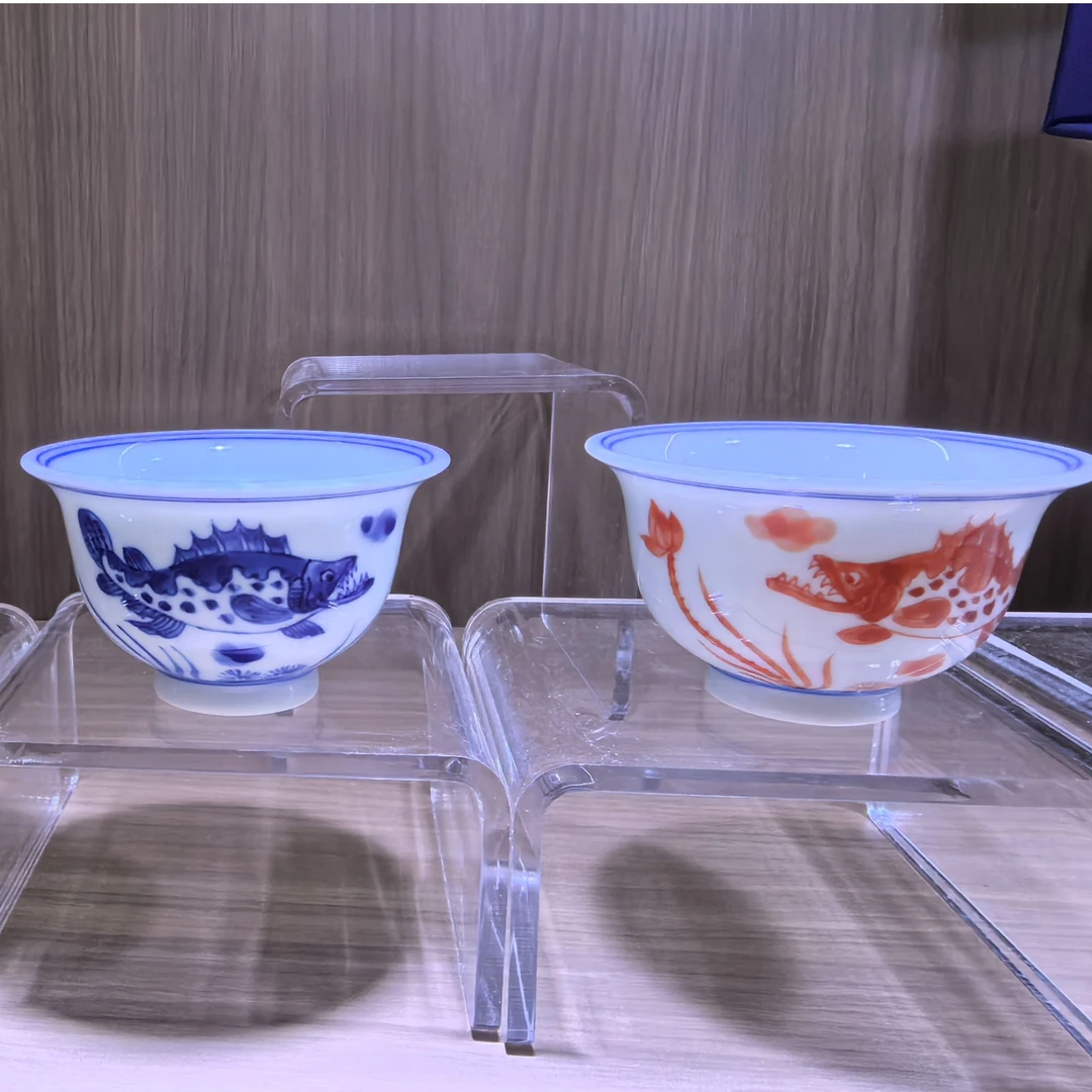 元薪号手绘鳜鱼压手对杯