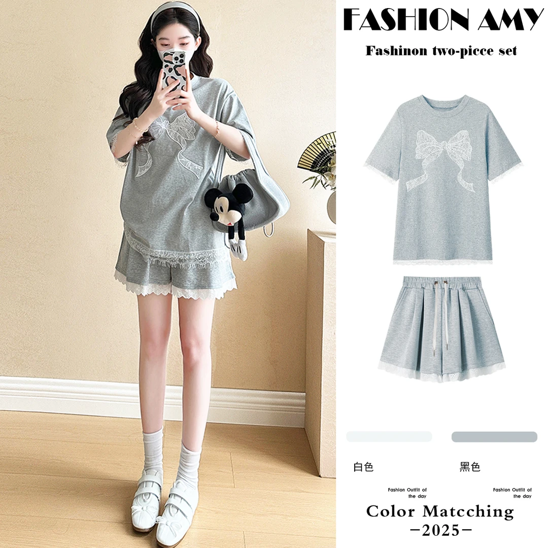 孕妇装夏装套装2025新款时尚韩版蕾丝蝴蝶结拼接短袖上衣休闲短裤