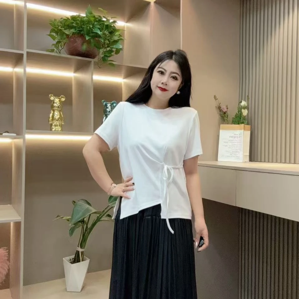 夏季半袖-甜 3826时尚收腰潮流系绳设计洋气减龄胖MM大码女装新款