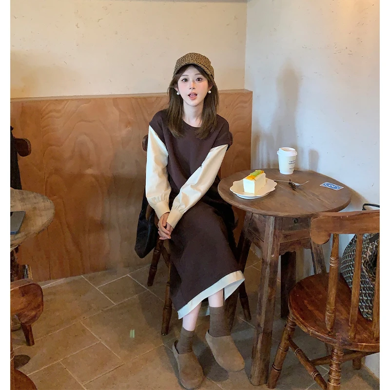 FUGUI RICH【卡布奇诺】小个子秋季新款拼接撞色假两件法式连衣裙