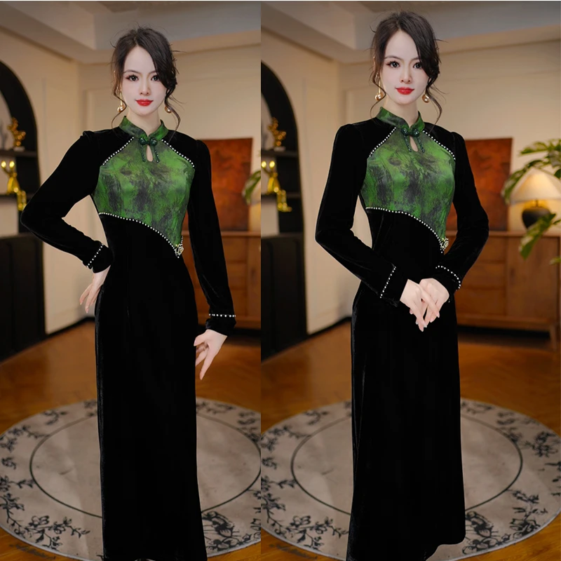 【锦珠梦华】2025年秋季上新拼接款国风连衣裙收腰轻奢长袖连衣裙