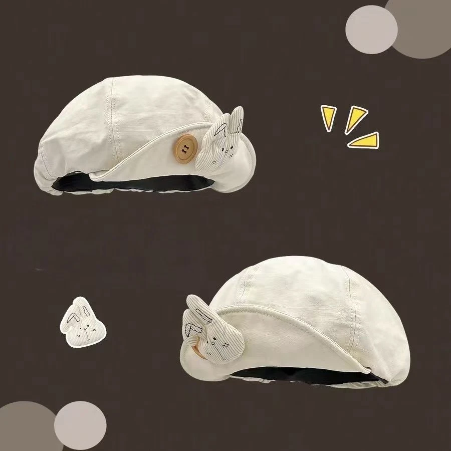 日系复古可爱纽扣小兔画家帽大头围显脸小春秋甜美贝雷帽八角帽女