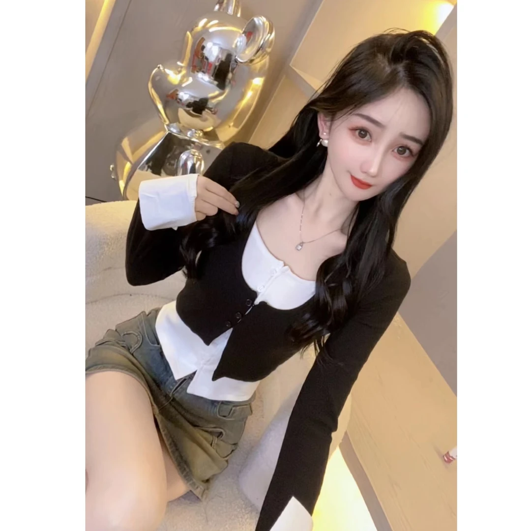 【小伊306假两件】螺纹T恤女长袖性感修身