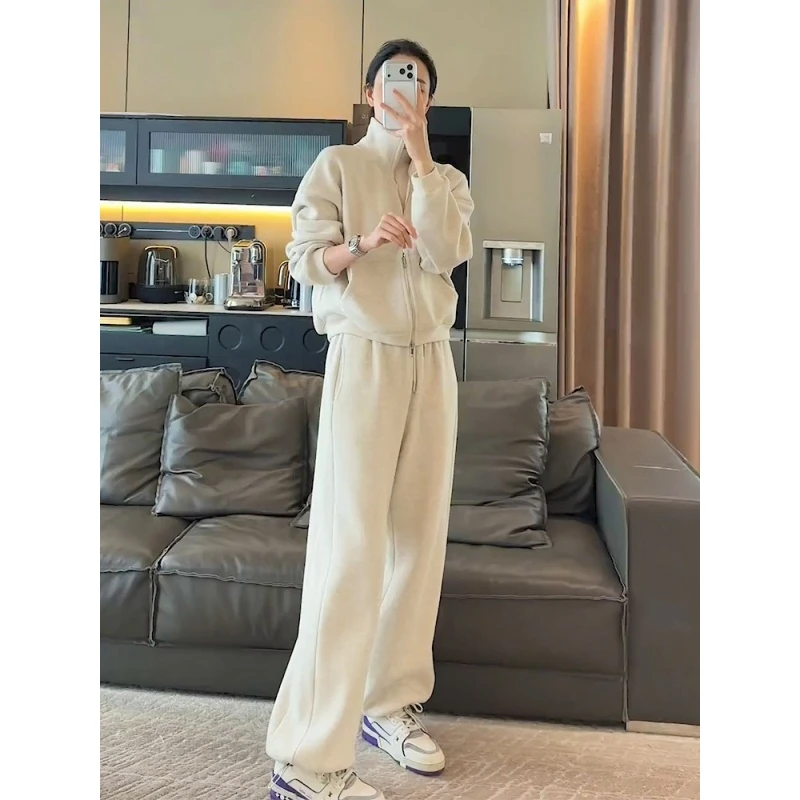 气质一整套卫衣加绒加厚休闲套装女秋冬拉链外套直筒裤运动两件套