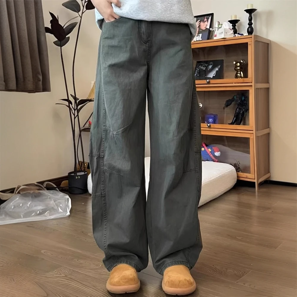 春夏美式复古洗褪baggy阔腿工装裤男女宽松直筒弯刀裤拖地长裤子