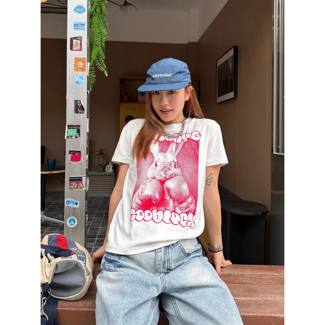 川川也家美式复古拳击兔印花短袖修身正肩T恤休闲百搭街头上衣