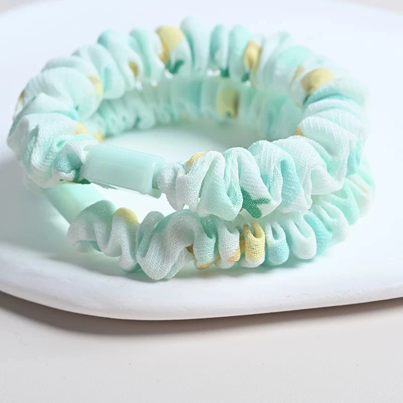 平扣小肠圈印花发圈网纱浅色小花头绳diy发饰配件褶皱皮筋高弹力h