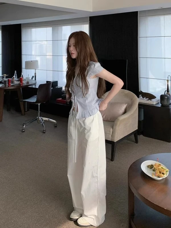 女夏新款套装韩系温柔风蓝色系带V领短袖衬衫白色阔腿长裤两件套