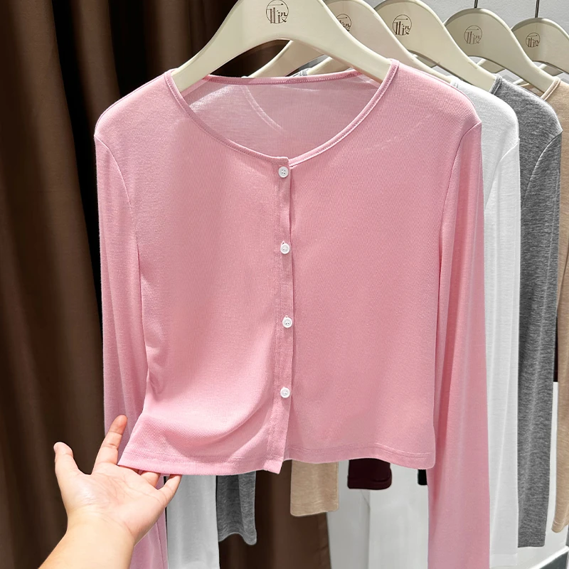 粉色长袖针织薄款防晒披肩女夏季爆款圆领空调开衫配吊带外搭外套