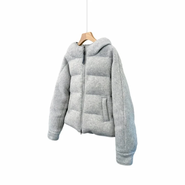 针织羊毛料保暖鹅绒连帽羽绒服外套