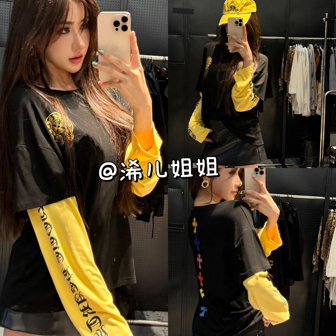 潮牌十字架印花假两件撞色长袖