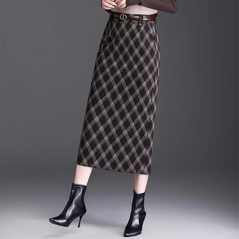 毛呢复古半身裙气质显瘦修身格子女裙子2025春秋新款直筒包臀裙