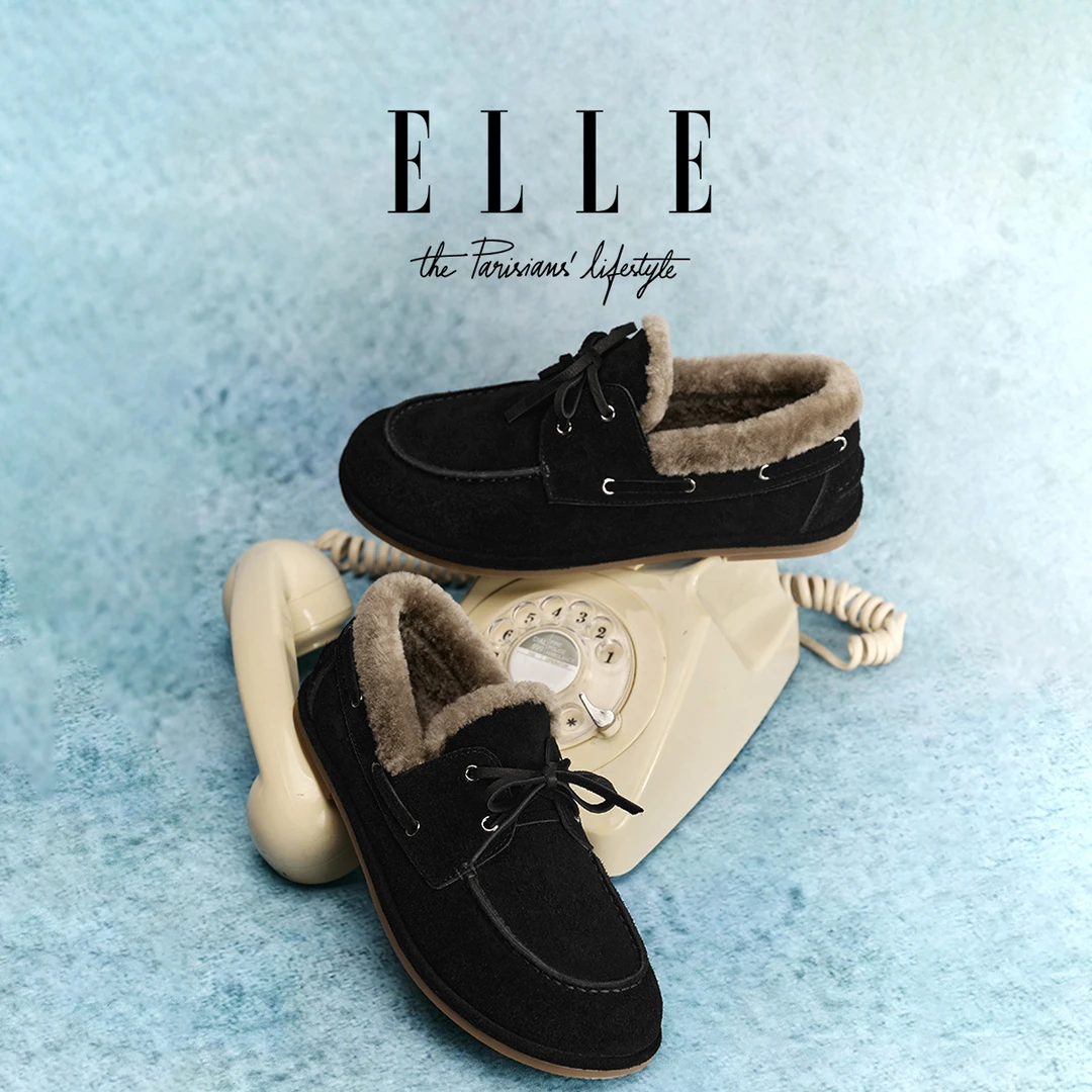 ELLE复古羊毛豆豆鞋女2025新款加绒时尚真皮平底勃肯鞋保暖棉瓢鞋