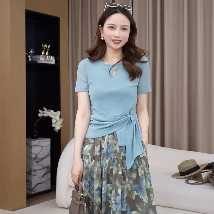 欧货大牌高端圆领不规则系带短袖2025夏季新款宽松上衣女潮