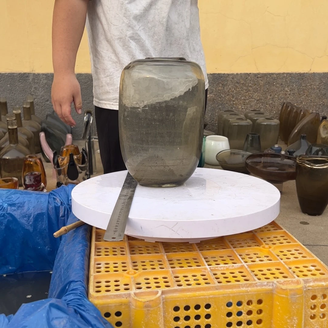 高30透茶琉璃花器摆件微瑕