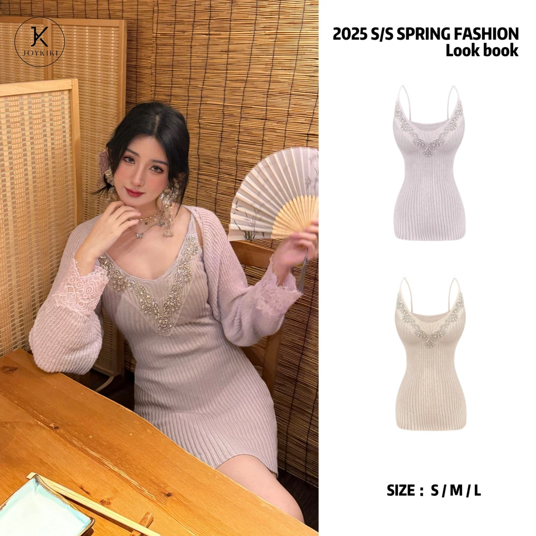 【JOYKIKI 清清!】【春日午后】修身复古纯欲针织亮钻吊带裙J25A172
