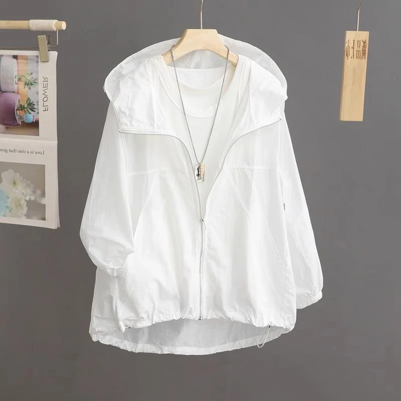 2025春夏季宽松显瘦百搭长袖连帽外套女白色轻薄透气冰凉感防晒衣