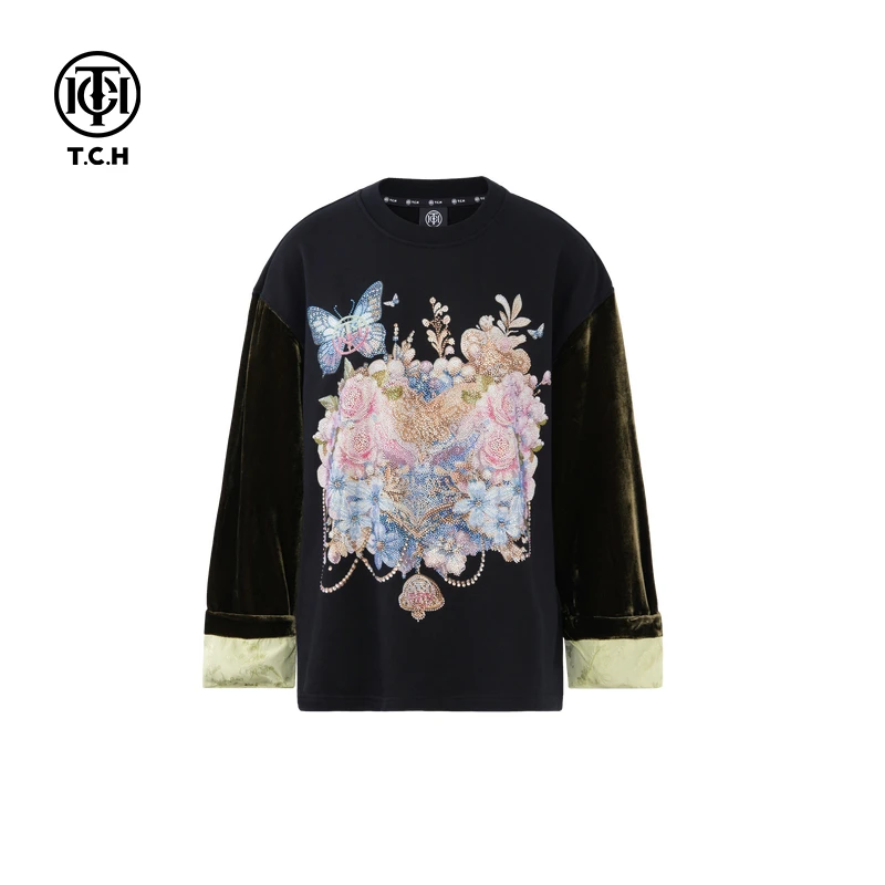 TCH-烫钻提花新中式复古丝绒拼接袖圆领卫衣T恤T72C116110