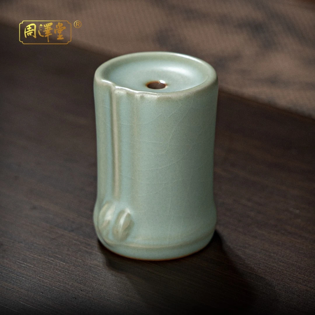 周泽堂天青汝窑竹隐盖置盖托竹节简约纯手工中式茶道配件景德镇