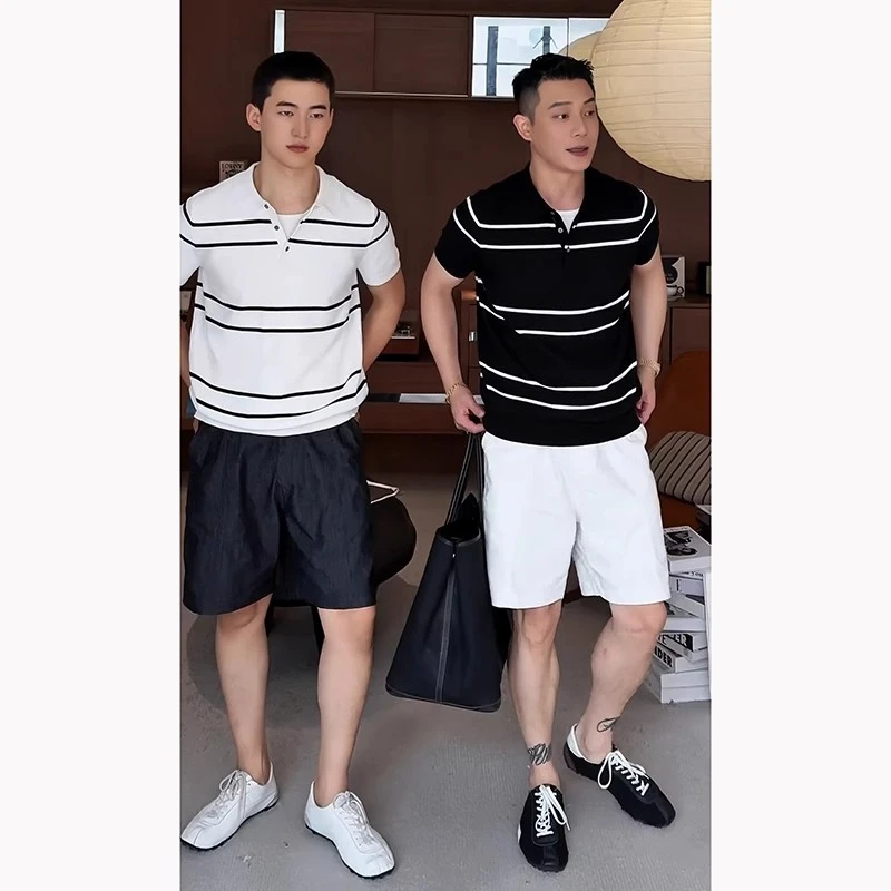 条纹亨利领polo衫男款垂感商务正肩短袖轻熟雅痞风宽松针织五分袖