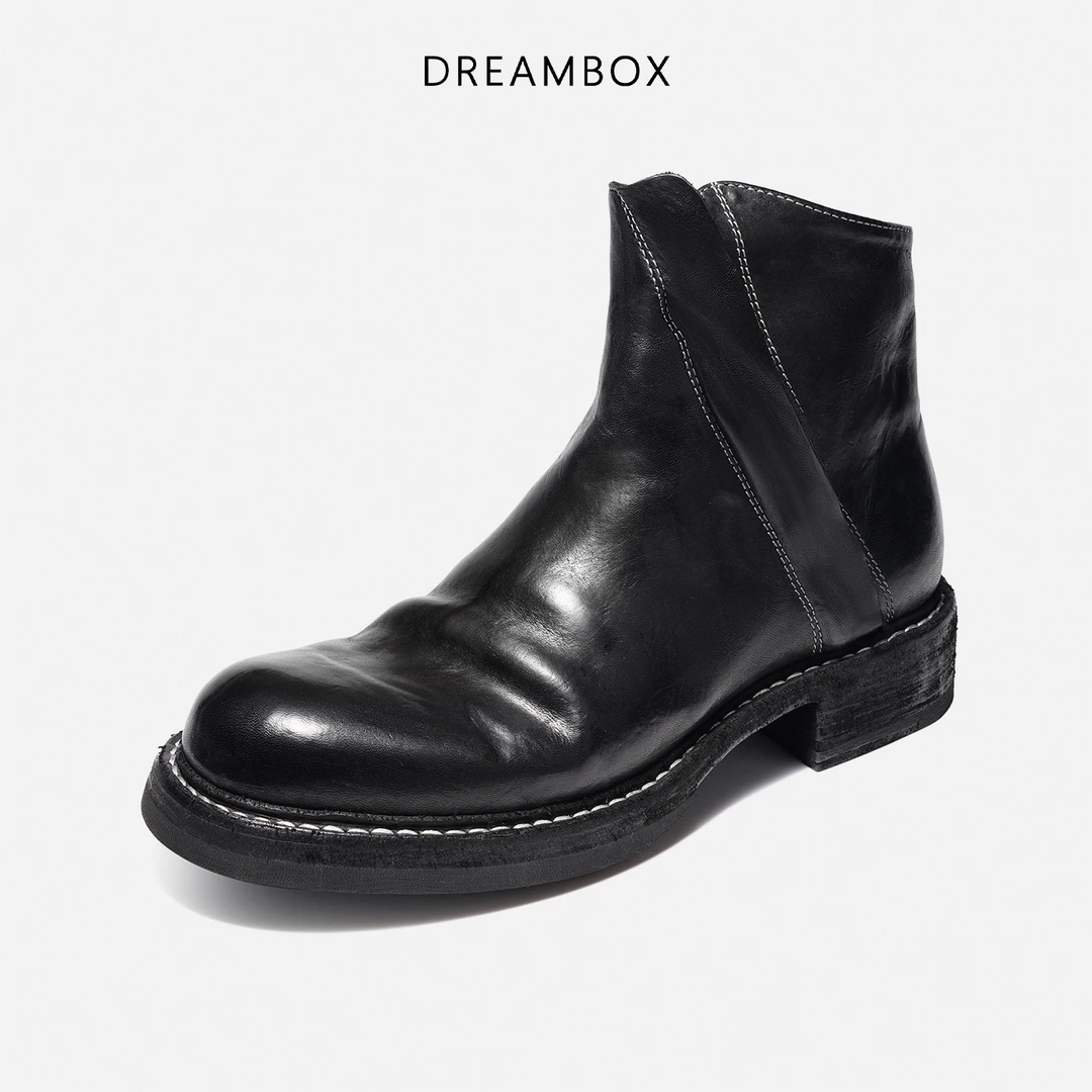 dreambox钧博水洗马皮手工固特异男靴秋冬新款侧拉链英伦复古皮靴