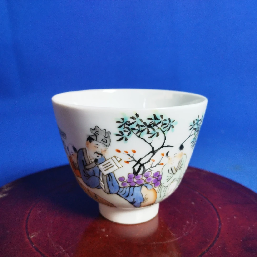 大清同治年制浅降彩教子诗书图手绘主人杯 品茗杯古玩古董陶瓷